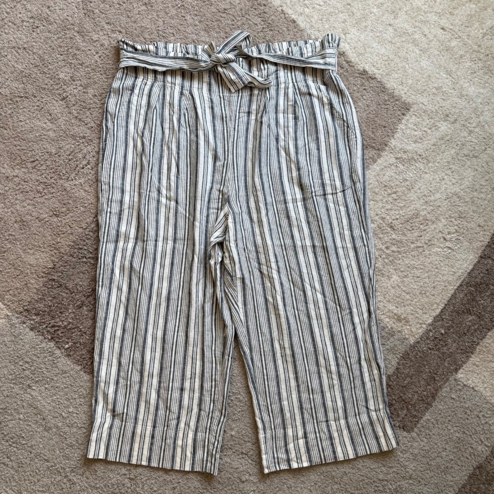 Zac & Rachel XXL Striped Linen Blend Paperbag Waist Cropped Pants Blue White